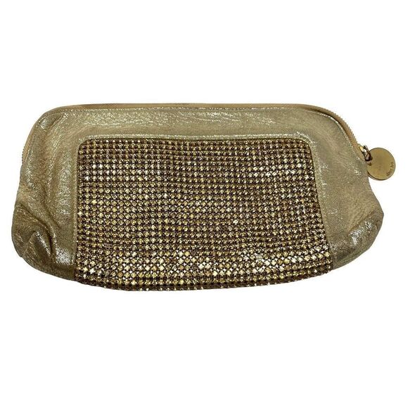 Deux Lux large Clutch metallic gold suede leather with gold diamonds BoxU - Picture 1 of 5